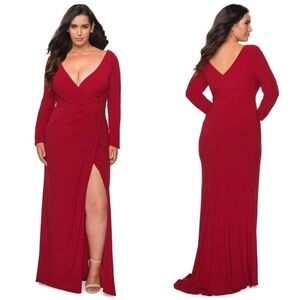 LA FEMME 29044 RED LONG SLEEVE STRETCH FAUX WRAP SURPLICE THIGH HIGH SLIT GOWN